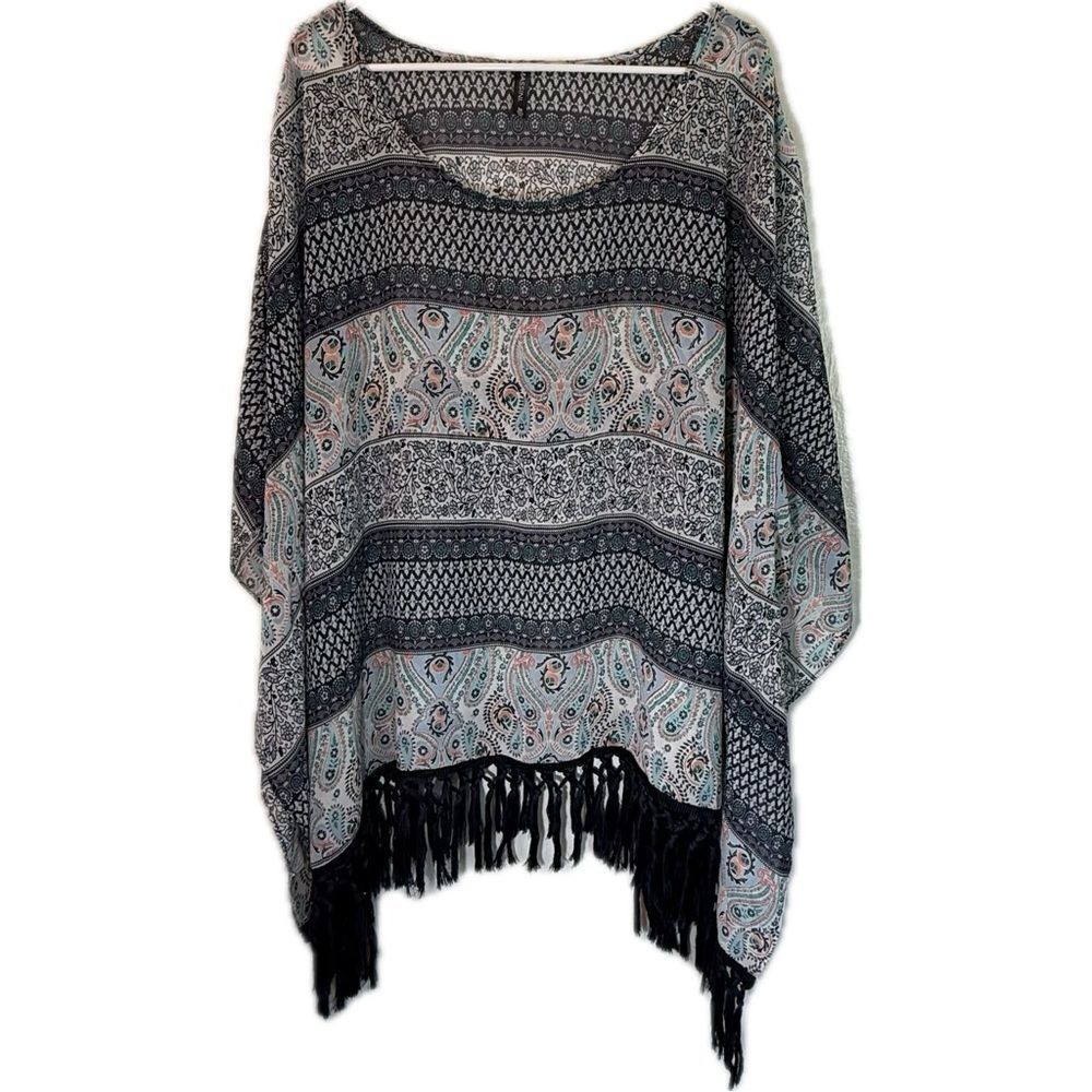 Massini Black and Gray‎ Poncho Sweater with Fringe